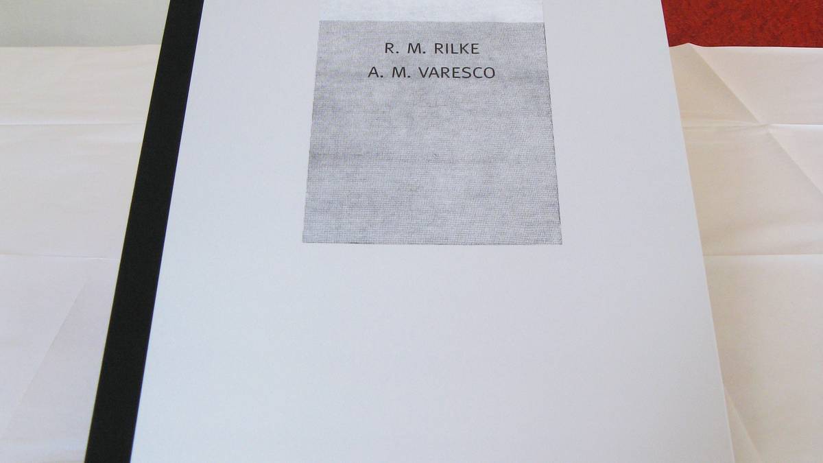 Edizione bibliofila in cassetta
ciclo incisioni sulle poesie di Rainer Maria Rilke, con un testo di Prof. Dr. Paul Good,
cassetta fatta a mano,
dall`esterno,
tiratura: 12+3 esemplari + e.a. IV